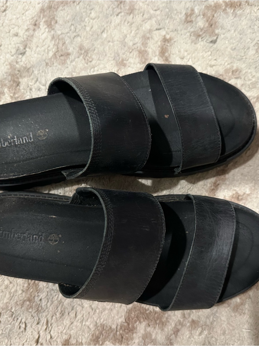 Timberland Black Leather Double-Strap Slide Sandals